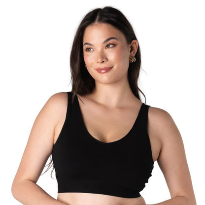 female model wearing black terrera essential v-neck bralette front view on white background