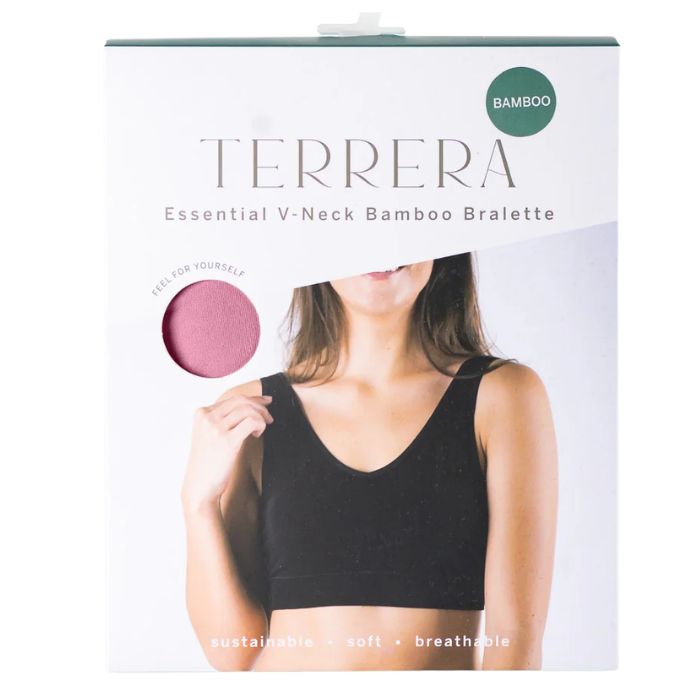 wild rose pink terrera essential v-neck bralette package front view on white background