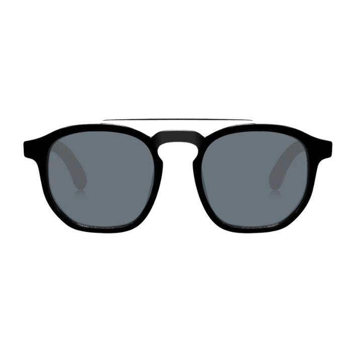 elm sunglasses black frames and black lenses front view on white background