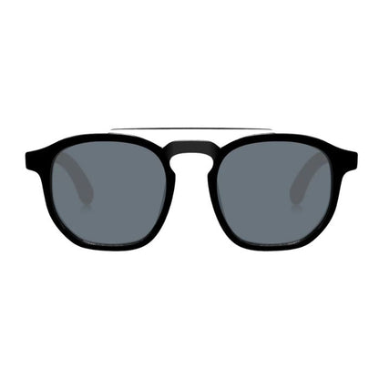 elm sunglasses black frames and black lenses front view on white background