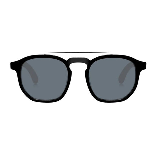 elm sunglasses black frames and black lenses front view on white background