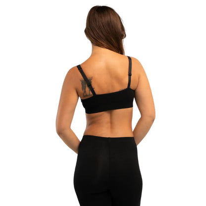 female model wearing black everyday adjustable bralette back view on white background