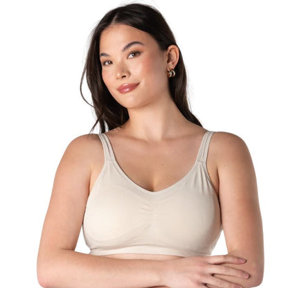 female model wearing cream white everyday adjustable bralette front view on white background