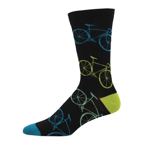Fixie sock black crew sock with bicycle print on white background