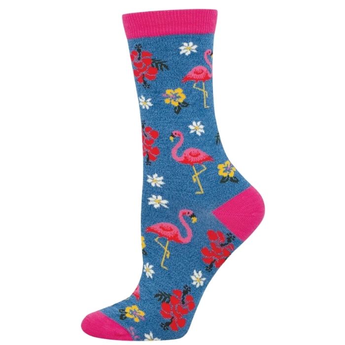 blue heather crew sock with pink flamingos and colouful flower print on white background 