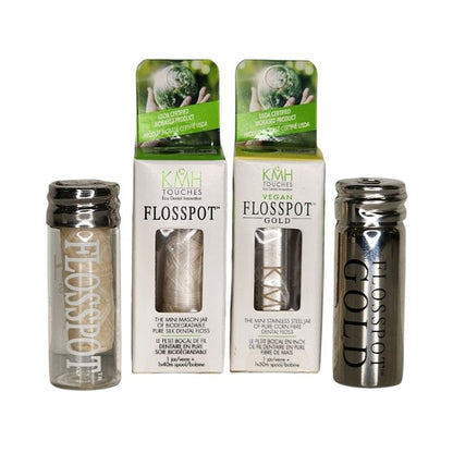 flosspot and flosspot in package, floospot gold and flosspot gold in package front view on white background