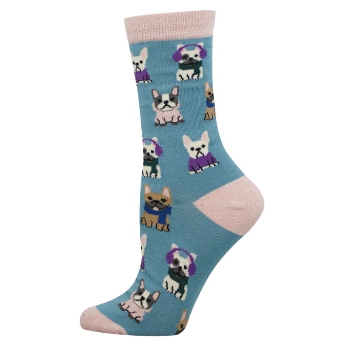 blue crew sock with french bulldogs wearing colourful sweaters print on white background 