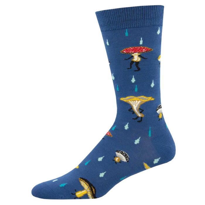 fungi fun guys sock blue crew sock with dancing mushroom print on white background