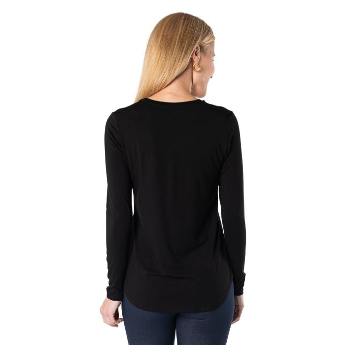 female model wearing black georgia crew top back view on white background