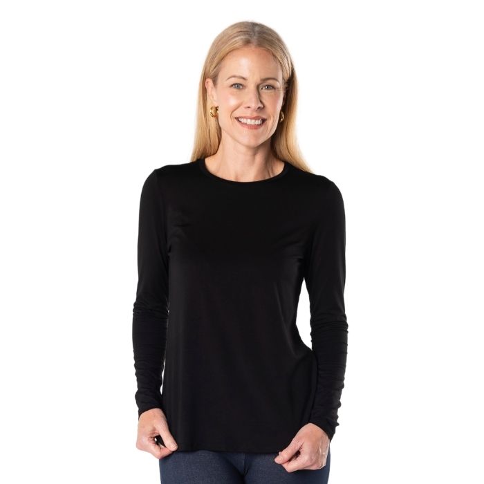 female model wearing black georgia crew top front view on white background