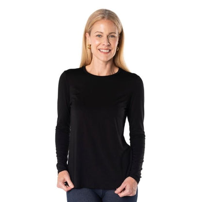 female model wearing black georgia crew top front view on white background