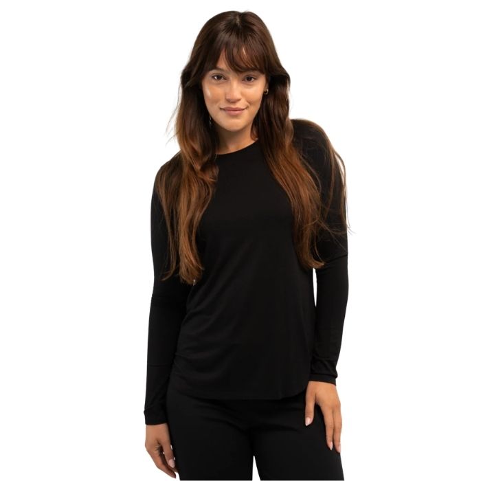 female model wearing black georgia crew top front view on white background
