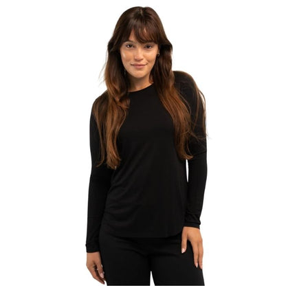 female model wearing black georgia crew top front view on white background