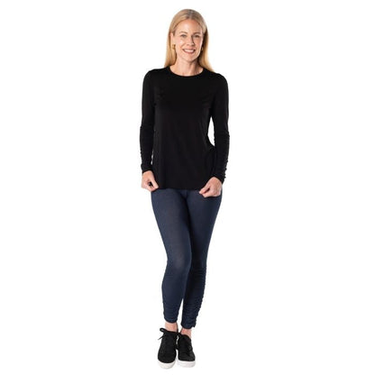 female model wearing black georgia crew top front view on white background