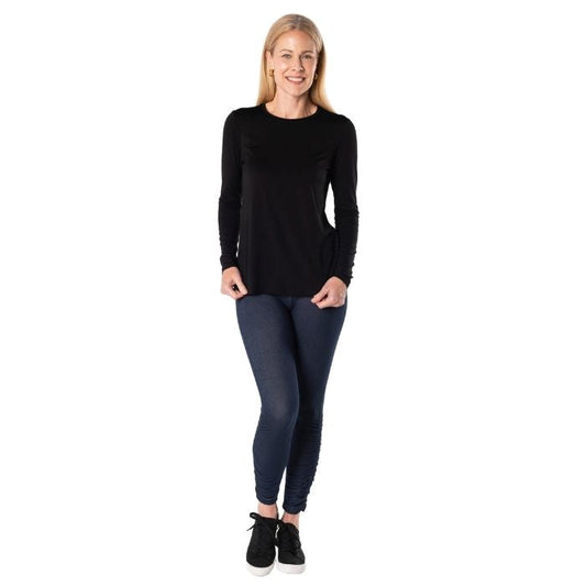 female model wearing black georgia crew top front view on white background