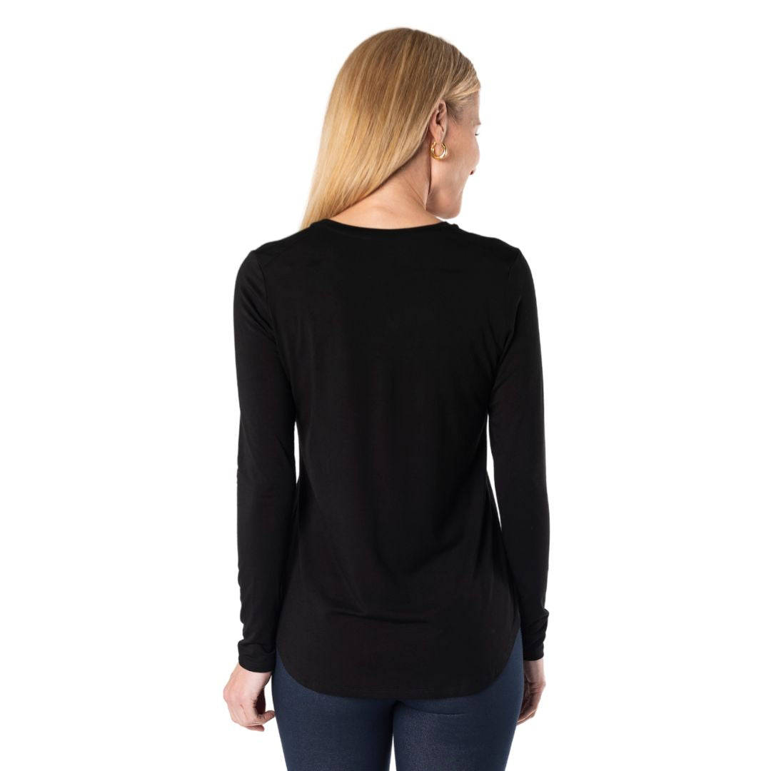 top of female model wearing black georgia crew top back view on white background