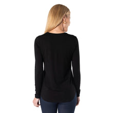 top of female model wearing black georgia crew top back view on white background