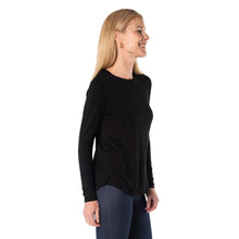 top of female model wearing black georgia crew top side view on white background