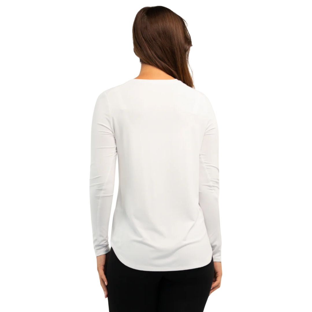 top of female model wearing white georgia crew top back view on white background