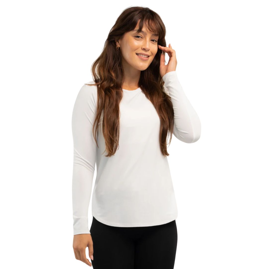 top of female model wearing white georgia crew top front view on white background