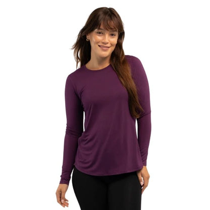 female model wearing italian plum purple georgia top front view on white background