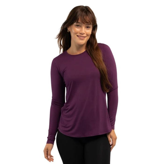 female model wearing italian plum purple georgia top front view on white background