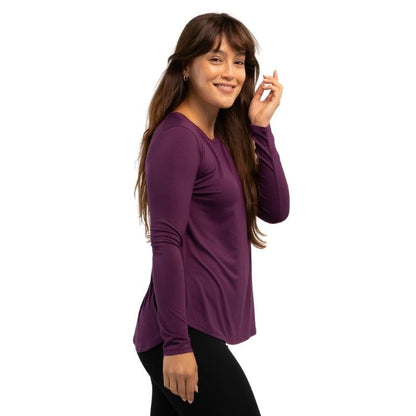 female model wearing italian plum purple georgia top side view on white background