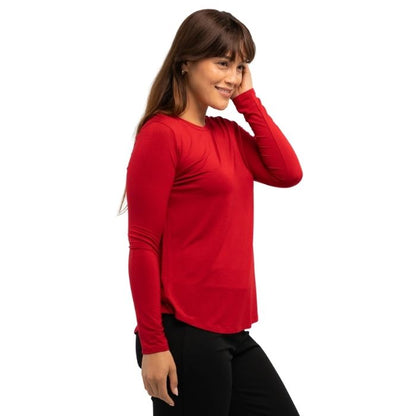 female model wearing ruby red georgia crew top front view on white background