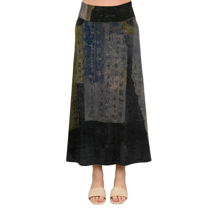 a woman wearing rustic khaki print gillian skirt waist down front view on white background