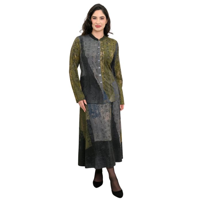 a woman wearing rustic khaki print gillian skirt and rustic khaki debbie blouse front view on white background