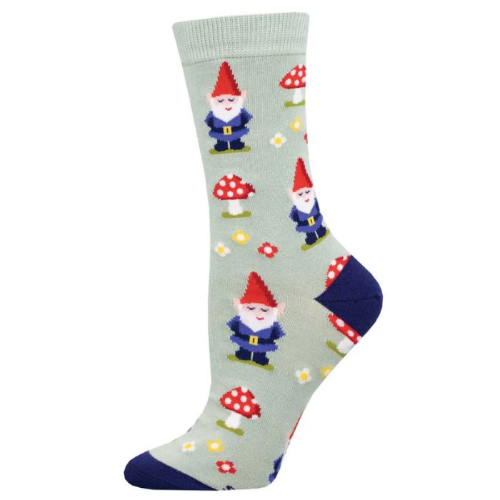 Gnome more mushrooms sock blue socks with gnome and mushroom print on white background