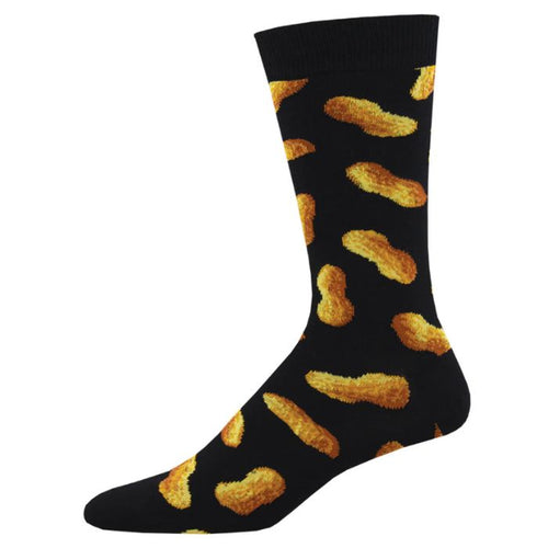 go nuts sock black crew sock with peanut print on white background