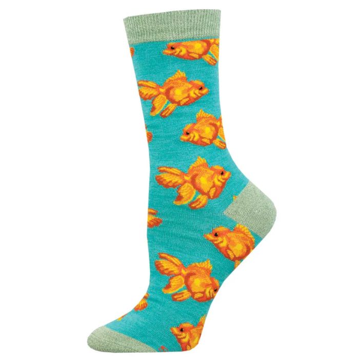 Goldfish sock teal green sock with goldfish print on white background