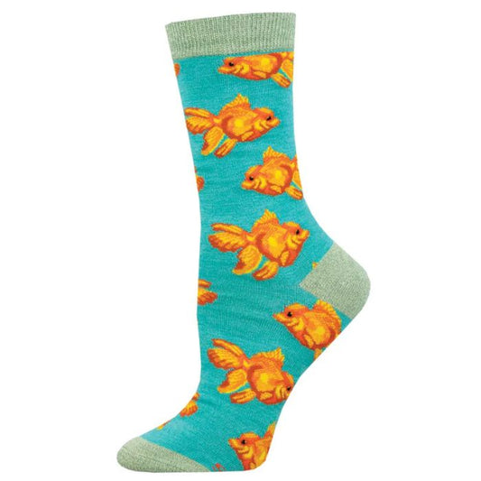 Goldfish sock teal green sock with goldfish print on white background