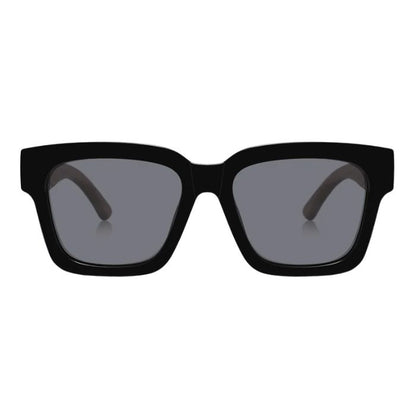 gorgona sunglasses black frames and black lenses front view of sunglasses on white background