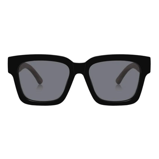 gorgona sunglasses black frames and black lenses front view of sunglasses on white background