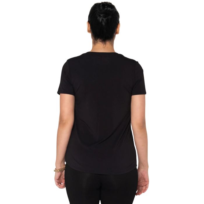 top of female model wearing black gracie crew neck t-shirt back view on white background
