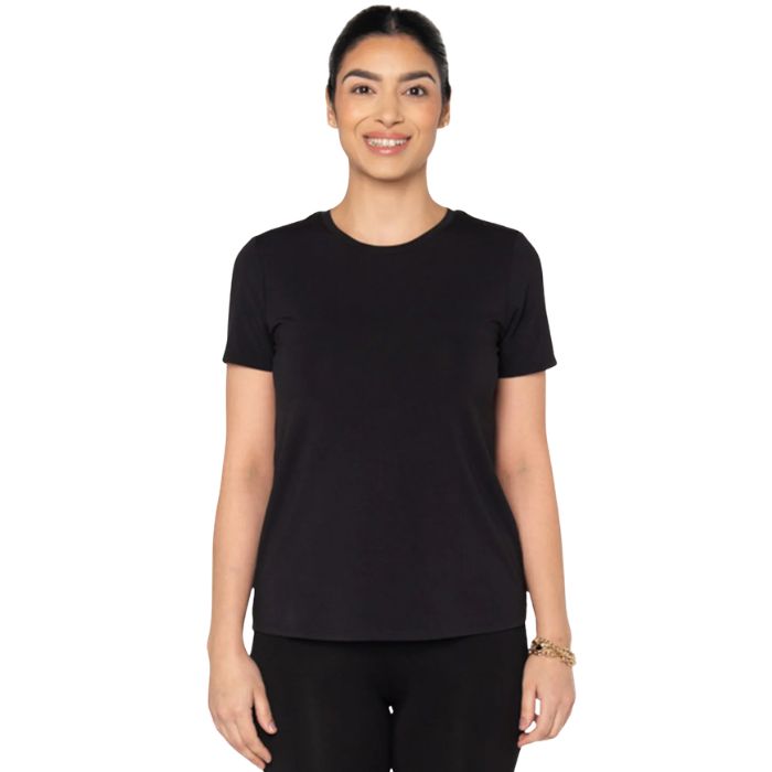 top of female model wearing black gracie crew neck t-shirt front view on white background