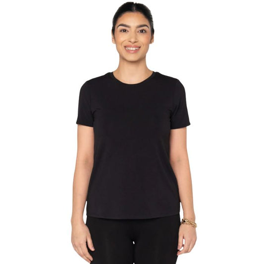 top of female model wearing black gracie crew neck t-shirt front view on white background