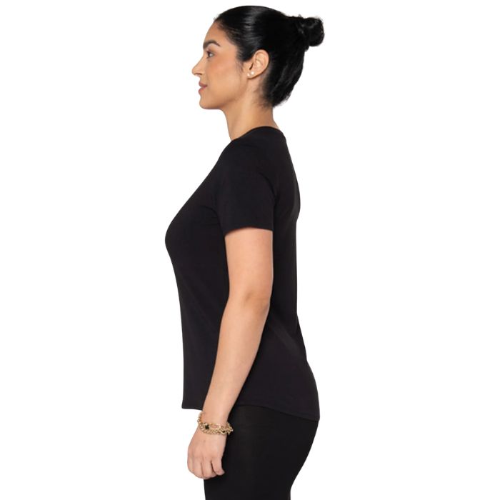 top of female model wearing black gracie crew neck t-shirt side view on white background