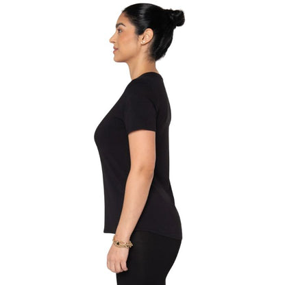 top of female model wearing black gracie crew neck t-shirt side view on white background