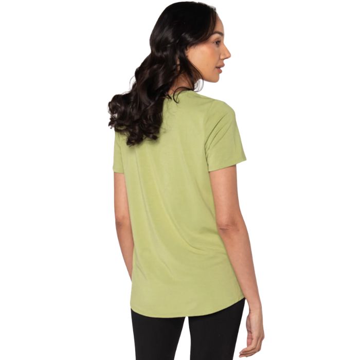 top of female model wearing cirton green gracie crew neck t-shirt back view on white background