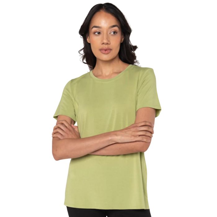 top of female model wearing cirton green gracie crew neck t-shirt front view on white background