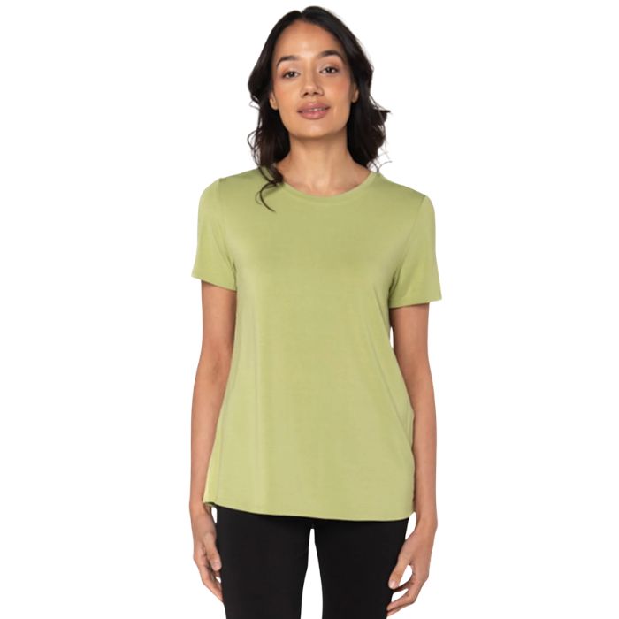 top of female model wearing cirton green gracie crew neck t-shirt front view on white background