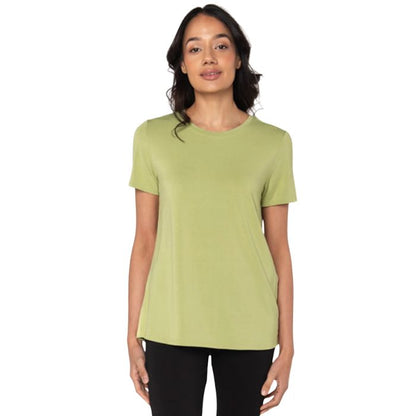 top of female model wearing cirton green gracie crew neck t-shirt front view on white background