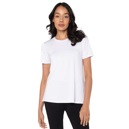 top of female model wearing white gracie crew neck t-shirt front view on white background