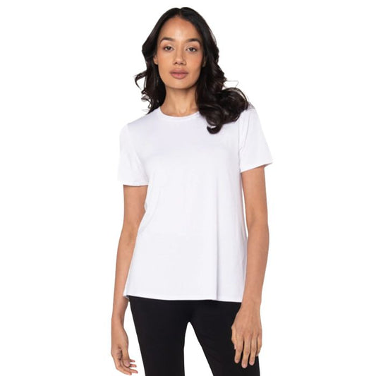 top of female model wearing white gracie crew neck t-shirt front view on white background