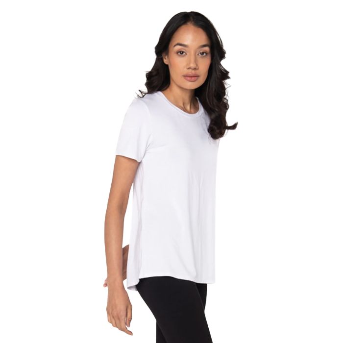 top of female model wearing white gracie crew neck t-shirt side view on white background