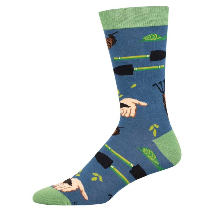 green thumb sock blue crew sock with plants and garden tools print on white background