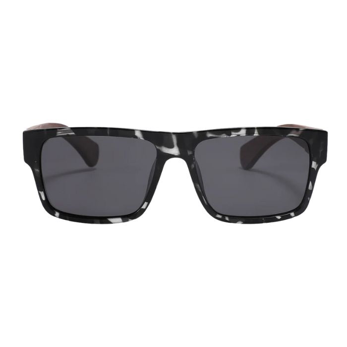 guatamala sunglasses black marble frames and black lenses front view on white background